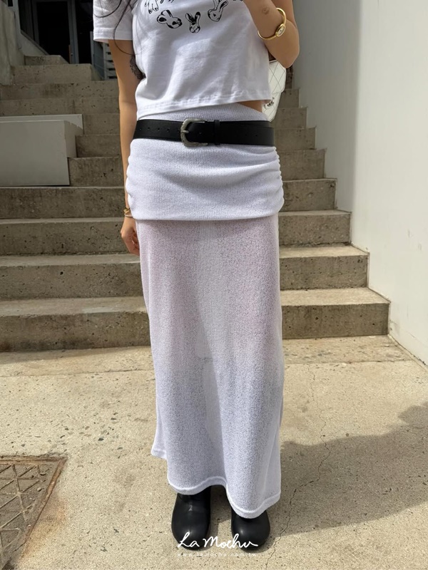 拼接透膚坑條棉長裙
